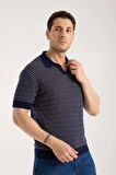 Erkek Polo Yaka Links  Örgü Dokulu Lacivert Kısa Kollu Triko Tişört