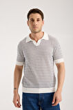 Erkek Polo Yaka Links  Örgü Dokulu Beyaz Kısa Kollu Triko Tişört