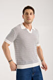 Erkek Polo Yaka Links  Örgü Dokulu Beyaz Kısa Kollu Triko Tişört