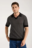 Erkek Polo Yaka Links  Örgü Dokulu Siyah Kısa Kollu Triko Tişört