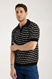 Erkek Polo Yaka Baklava Desenli Dokulu Siyah Kısa Kollu Triko Tişört