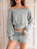 Kadın Gri Taşlı Kısa Bel Crop Tek Omuz Sweatshirt – Şık ve Rahat