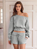 Kadın Gri Taşlı Kısa Bel Crop Tek Omuz Sweatshirt – Şık ve Rahat