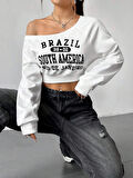 Kadın Beyaz Brazil South America Baskılı Omzu Açık Crop Sweatshirt