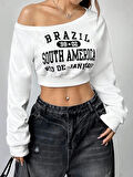 Kadın Beyaz Brazil South America Baskılı Omzu Açık Crop Sweatshirt