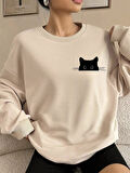 Ekru Oversize Geniş Kalıp 3 İplik Şardonlu Sweatshirt – Bisiklet Yaka Kedili Baskılı Kalın Sweat