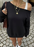 Kadın Düz Siyah Oversize Sweatshirt Sokak Stili, Rahat Kesim