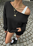 Kadın Düz Siyah Oversize Sweatshirt Sokak Stili, Rahat Kesim