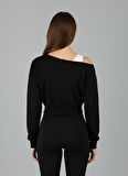 Askılı Modern Basic Omuzu Açık Siyah Sweatshirt | Reglan Kol Kesim