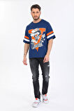 Oversize Kurt Desenli Mavi T-shirt