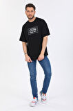 Oversize Thug Life Yazılı Siyah T-shirt