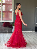 Kırmızı Kalın Askılı Boncuk İşlemeli Balık Yeni Sezon Abiye Elbise Ht7094 7094