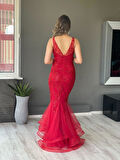 Kırmızı Kalın Askılı Boncuk İşlemeli Balık Yeni Sezon Abiye Elbise Ht7094 7094
