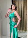 Yeşil Tek Omuz Üzeri Taş  İşleme Beli Pencereli Ht5017 5017