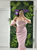 Pudra Balon Kollu Krep Midi Boy Yeni Sezon Abiye Elbise Ht8387 8387