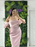 Pudra Balon Kollu Krep Midi Boy Yeni Sezon Abiye Elbise Ht8387 8387