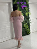 Pudra Balon Kollu Krep Midi Boy Yeni Sezon Abiye Elbise Ht8387 8387