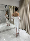 Beyaz Balon Kollu Krep Midi Boy Yeni Sezon Abiye Elbise Ht8387 8387