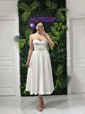 Beyaz Taş İpli Midi Boy Saten Yeni Sezon Abiye Elbise Ht8400 8400