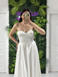 Beyaz Taş İpli Midi Boy Saten Yeni Sezon Abiye Elbise Ht8400 8400