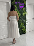 Beyaz Taş İpli Midi Boy Saten Yeni Sezon Abiye Elbise Ht8400 8400