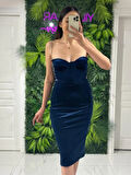 Lacivert Yıldızlar Kadın Taş Askılı Yanları Pencereli Kadife Yeni Sezon Abiye Elbise Gs7350 7350 Boy:110cm