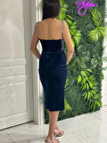 Lacivert Yıldızlar Kadın Taş Askılı Yanları Pencereli Kadife Yeni Sezon Abiye Elbise Gs7350 7350 Boy:110cm