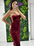 BORDO Yıldızlar Kadın Taş Askılı Yanları Pencereli Kadife Yeni Sezon Abiye Elbise Gs7350 7350 Boy:110cm