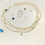 Dorika Toplu Üç Sıralı Oval Gerçek İncili Gerdanlık Kolye 14 Ayar Altın HD VİDEOLU