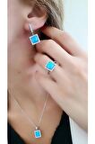 Zirkon taş detaylı opal taşlı italyan 925 ayar gümüş kare set takım 