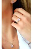 Sky Diamond Pink Morganit Taşlı  925ayar Gümüş Kare Lüks Set Takım