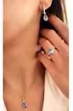 Sky Diamond Blue Creative Sapphire 925ayar Gümüş Lüks Set Takım yüzük 
