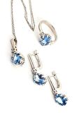 Sky Diamond Blue Creative Sapphire 925ayar Gümüş Lüks Set Takım yüzük 