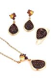 Granat Taşlı İtalyan Tasarımı Gümüş Rose Set