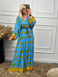 Mavi Püskül Detaylı Desenli Elbise MAVİ