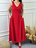 Askılı  V yaka Kloş Elbise KIRMIZI