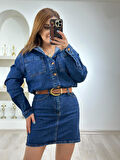 Gömlek Yaka Kemerli Jean Elbise KOYU MAVİ