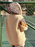 Leopar Detay Garnili Kapüşonlu Peluş Mont CAMEL