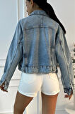 Kadın Yıpratmalı Vintage Mavi Denim Ceket