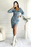 Kadın Yırtmaç Detaylı Uzun Kollu Denim Midi Mavi Elbise