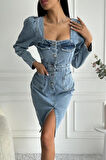 Kadın Yırtmaç Detaylı Uzun Kollu Denim Midi Mavi Elbise