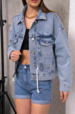 Kadın Oversize Bel Ayarlamalı Denim Ceket