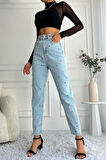 Kadın Yüksek Bel Taşlı Mom Fit Mavi Jean Pantolon