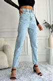 Kadın Yüksek Bel Taşlı Mom Fit Mavi Jean Pantolon