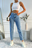 Kadın Yüksek Bel Mom Fit Mavi Jean Pantolon