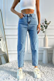 Kadın Yüksek Bel Mom Fit Mavi Jean Pantolon