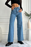 Kadın Yüksek Bel Wide Leg Mavi Jean Pantolon