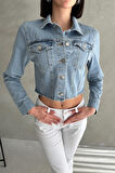 Cepli Düğmeli Uzun Kollu Crop Denim Ceket