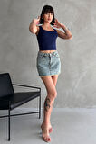 Taşlı Püsküllü Eskitme Mini Denim Etek