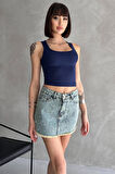 Taşlı Püsküllü Eskitme Mini Denim Etek